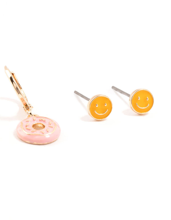 Gold Small Doughnut & Peace Sign Stud Earrings 3-Pack
