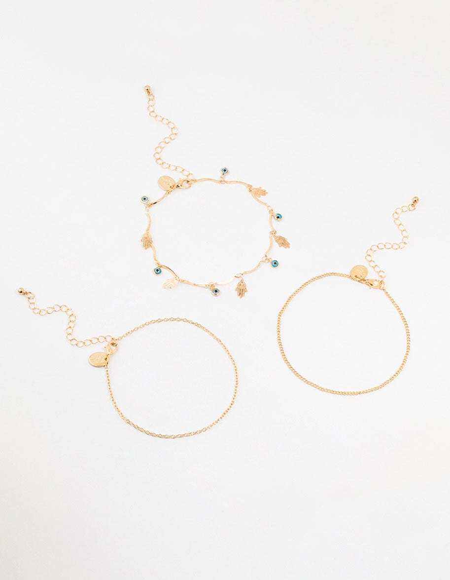 Gold Evil Eye & Hamsa Hand Anklets 3-Pack