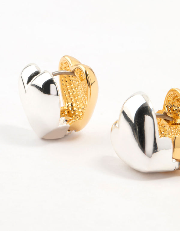 Mixed Metals Silver & Gold Plated Heart Huggie Earrings