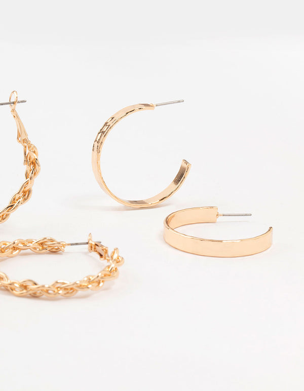 Gold Twisted Skinny Hoop Earrings 3-Pack