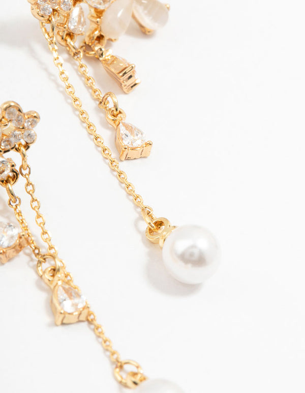 Gold Plated Flowers, Pearls & Pear Cubic Zirconia Drop Earrings