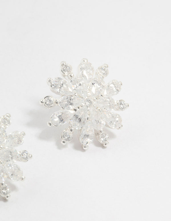 Large Silver Plated Round Floral Cubic Zirconia Stud Earrings