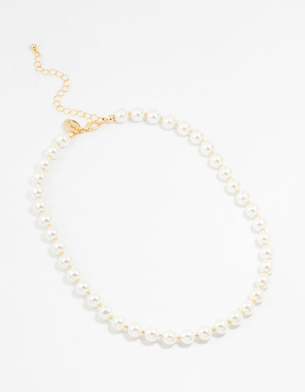 Gold Plated Alternating Medium Pearl & Ball Necklace
