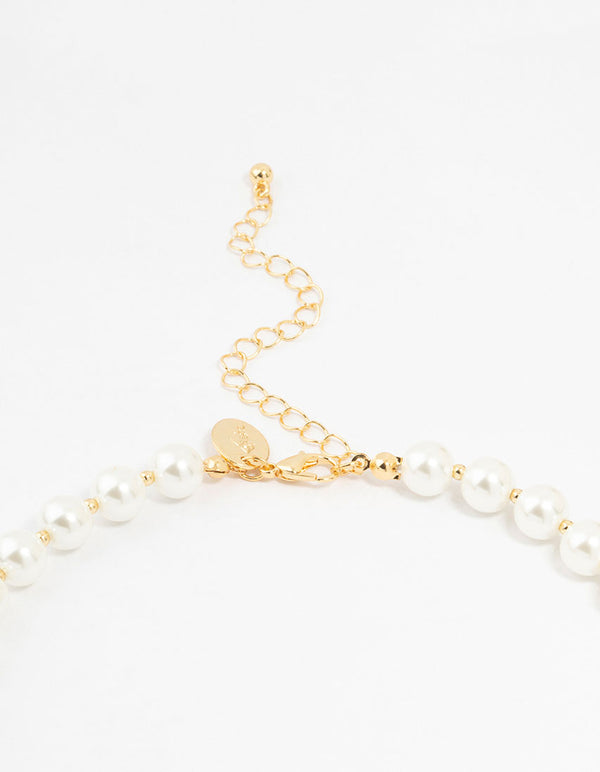 Gold Plated Alternating Medium Pearl & Ball Necklace