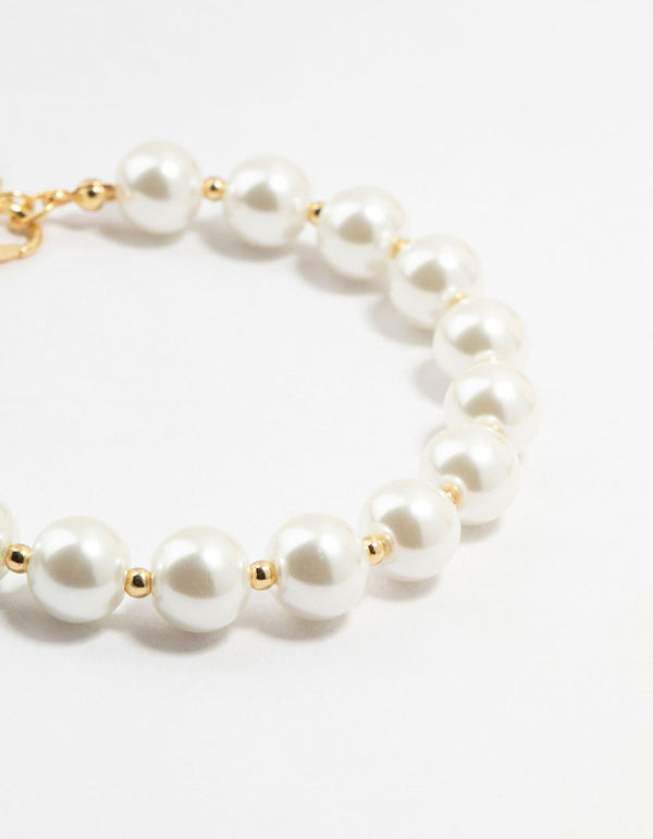 Gold Plated Alternating Medium Pearl & Ball Bracelet