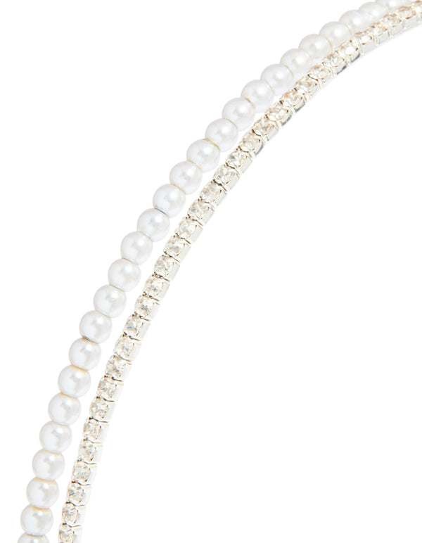 Silver Double Layered Pearl & Crystal Headband