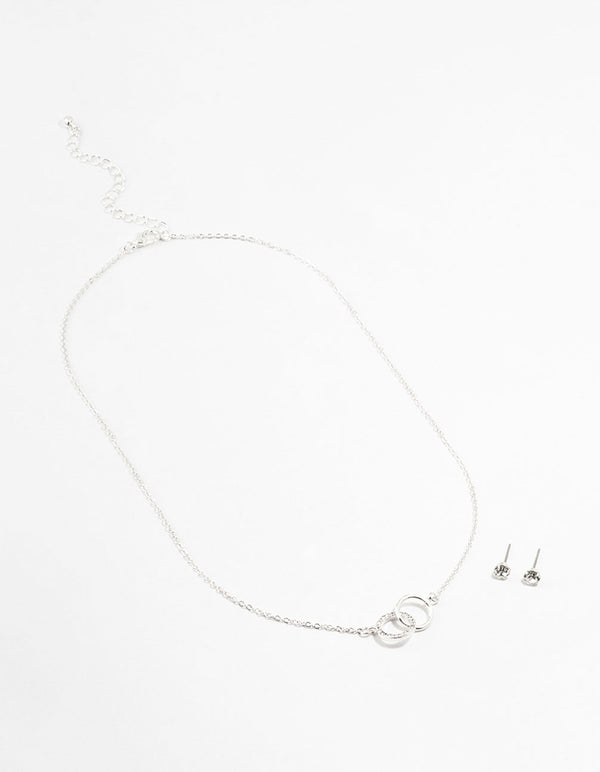 Silver Linked Circle Necklace & Stud Earrings Set