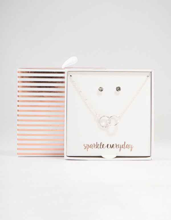 Silver Linked Circle Necklace & Stud Earrings Set