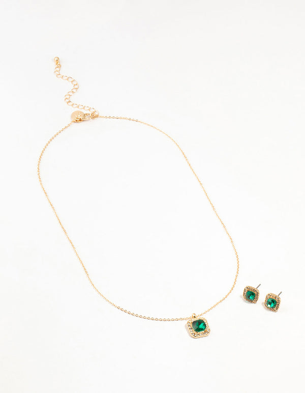 Gold Square Halo Green Diamante Necklace & Stud Earrings Set