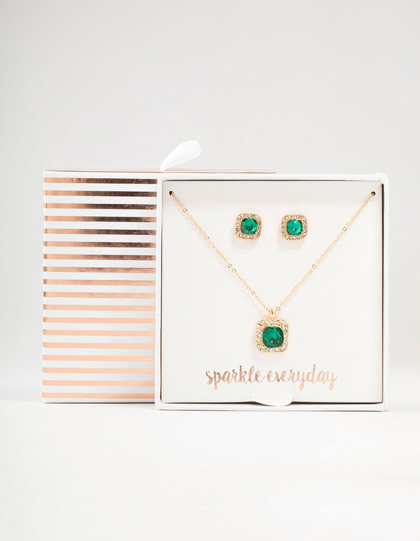 Gold Square Halo Green Diamante Necklace & Stud Earrings Set