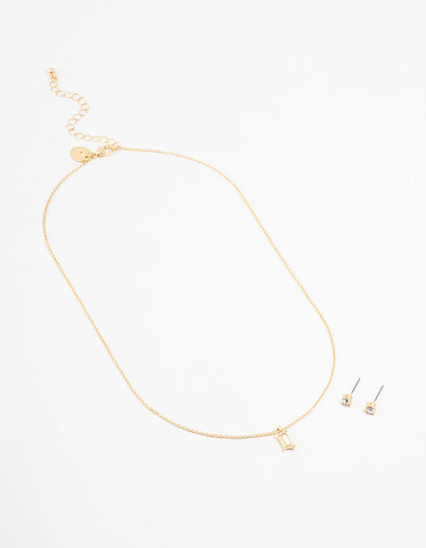 Gold Baguette Necklace & Stud Earrings Set