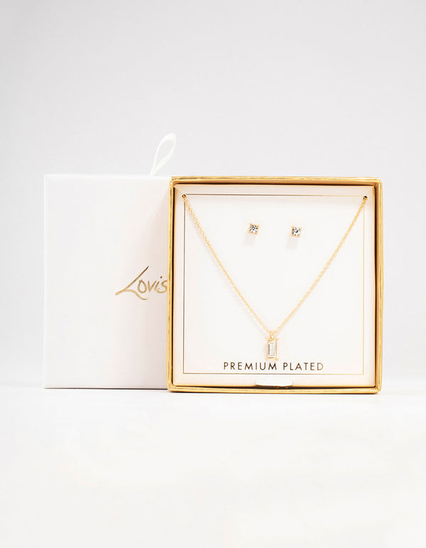 Gold Baguette Necklace & Stud Earrings Set