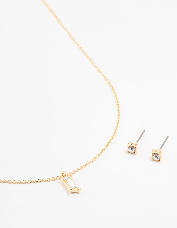 Gold Baguette Necklace & Stud Earrings Set