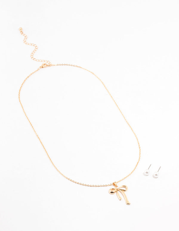Gold Pearl Bow Necklace & Stud Earrings Set