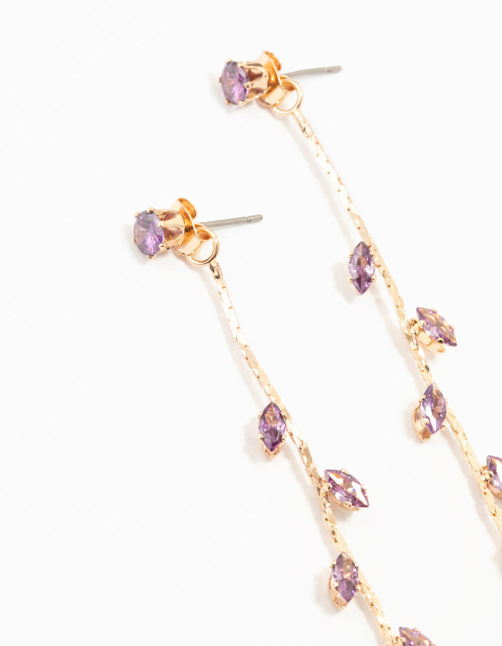 Gold Purple Cubic Zirconia Petal Long Drop Earrings