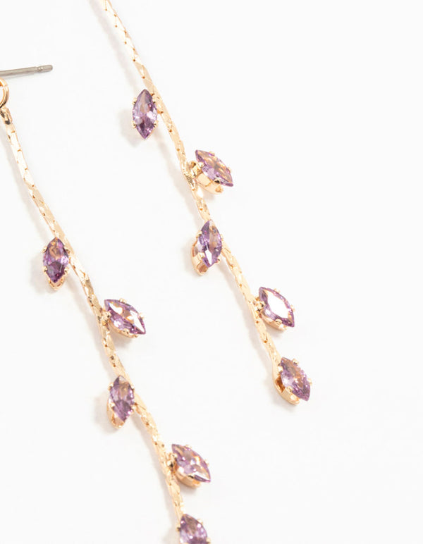 Gold Purple Cubic Zirconia Petal Long Drop Earrings