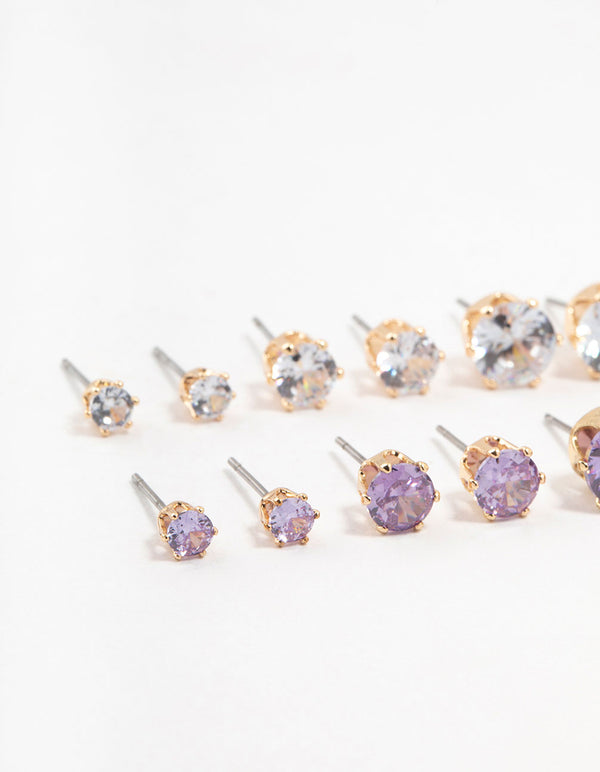 Gold Round Silver & Purple Cubic Zirconia Stud Earrings 6-Pack