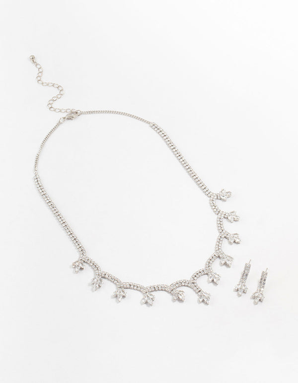 Silver Scallop Cubic Zirconia Flower Necklace & Earrings Set