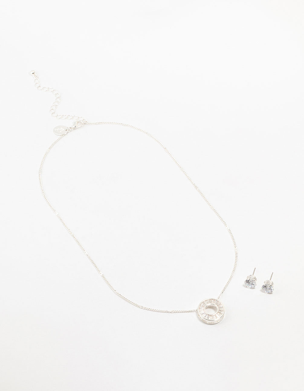 Silver Cubic Zirconia Donut Pendant Necklace & Earrings Set