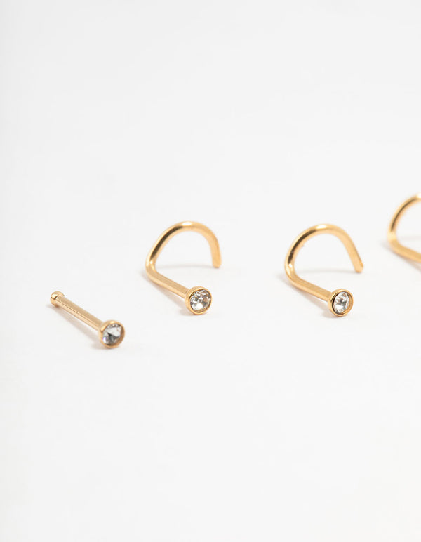 Gold Plated Surgical Steel Mixed Diamante Post Nose Studs 6-Pack