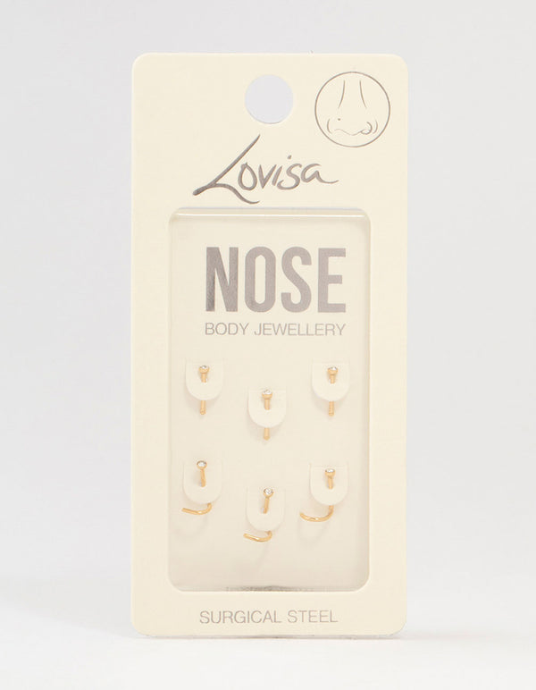 Gold Plated Surgical Steel Mixed Diamante Post Nose Studs 6-Pack