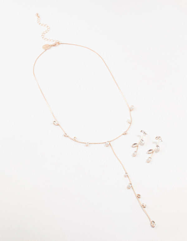 Rose Gold Leaves & Flowers Chain Pendant Earrings & Necklace Set