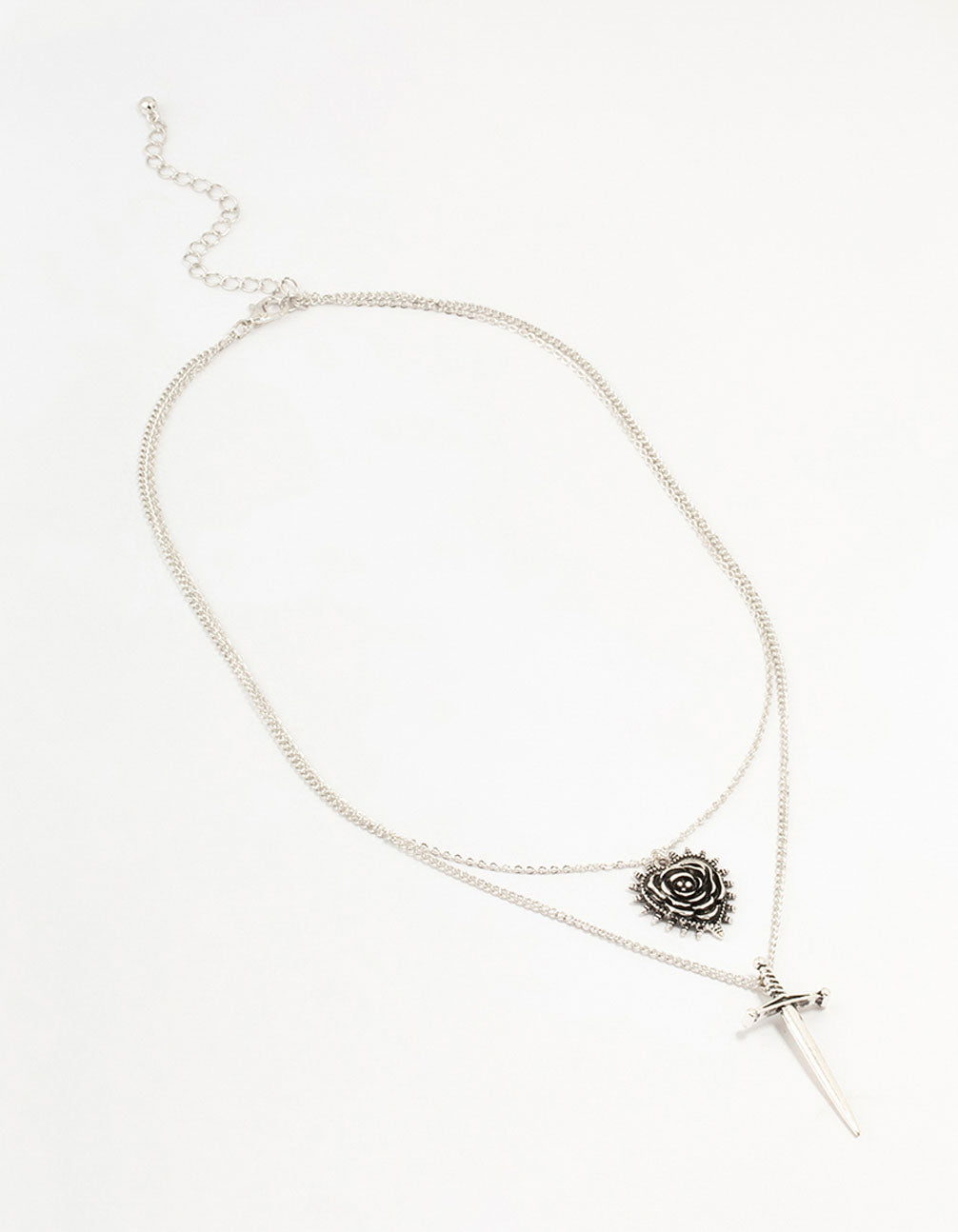 Antique Silver Dagger & Heart Layered Necklace