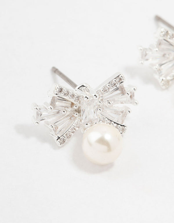 Small Cubic Zirconia Bow & Pearl Silver Stud Earrings
