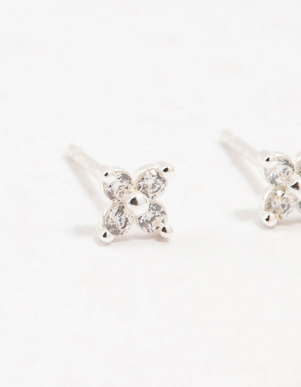 Sterling Silver Cubic Zirconia Micro Flower Stud Earrings