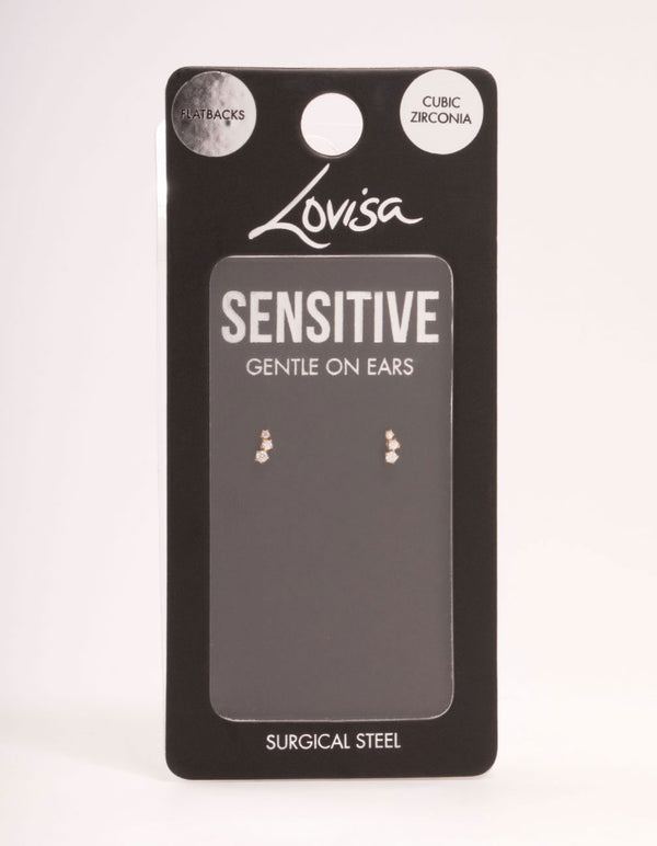 Gold Plated Surgical Steel Trio Cubic Zirconia Flat Backs