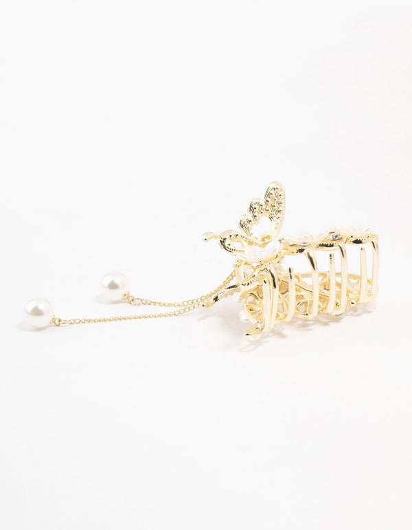 Gold Flower & Butterfly With Pearls Claw Clip