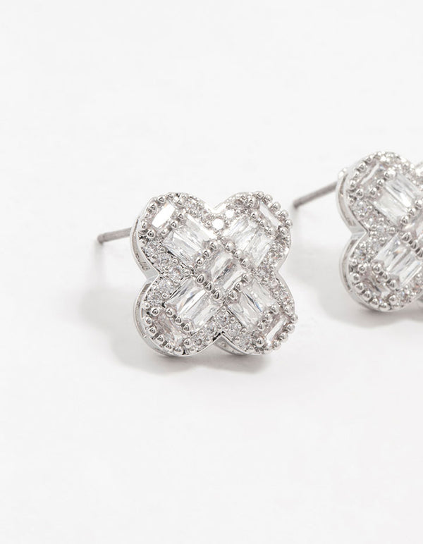 Silver Paved Flower Stud Earrings