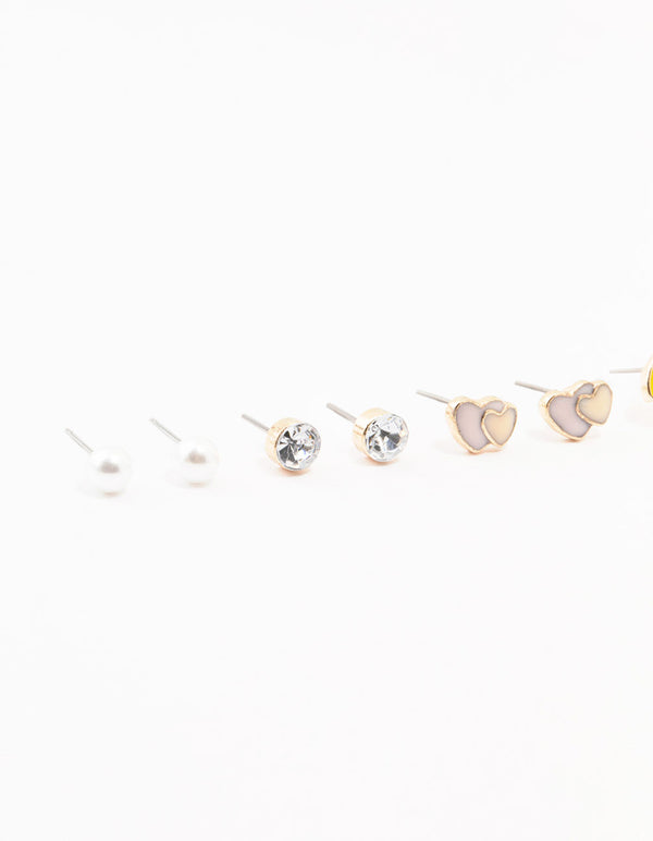 Kids Gold Pastel Unicorn Stud & Rainbow & Heart Earrings Pack