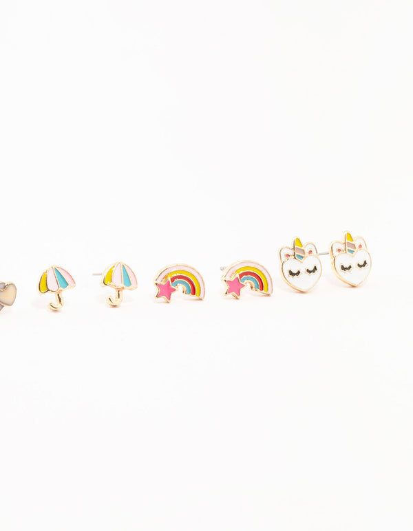 Kids Gold Pastel Unicorn Stud & Rainbow & Heart Earrings Pack