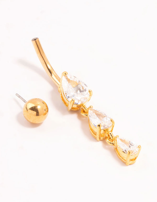 Gold Plated Surgical Steel Trio Mini Pear Cubic Zirconia Belly Bar