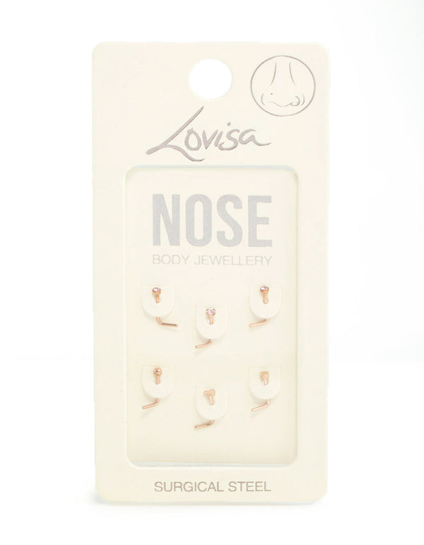 Rose Gold Plated Surgical Steel Heart & Diamante Nose Studs 6-Pack