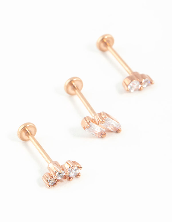 Rose Gold Plated Surgical Steel Pink Cubic Zirconia Flat Backs 3-Pack