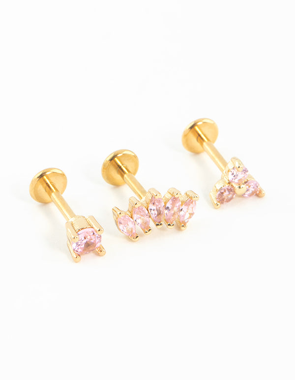 Gold Plated Surgical Steel Pink Cubic Zirconia Flower & Fan Flat Backs 3-Pack