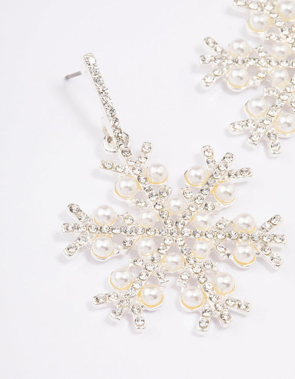 Silver Pearl & Diamante Snowflake Earrings