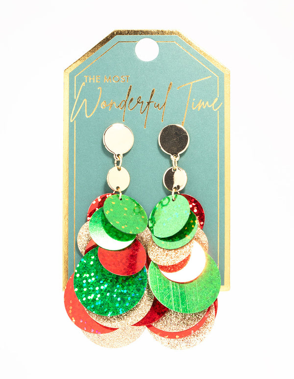 Green & Red Layered Sequin Discs Drop Earrings