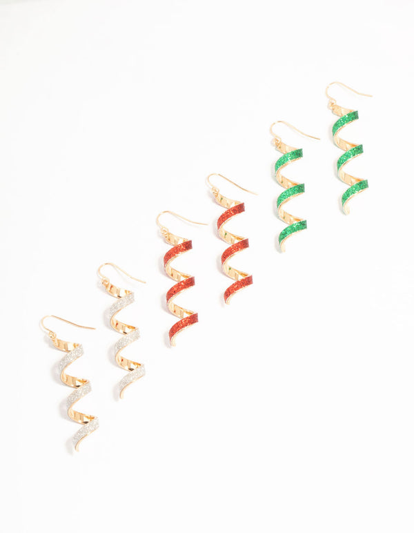 Multicoloured Glitter Spiral Drop Earrings 3-Pack