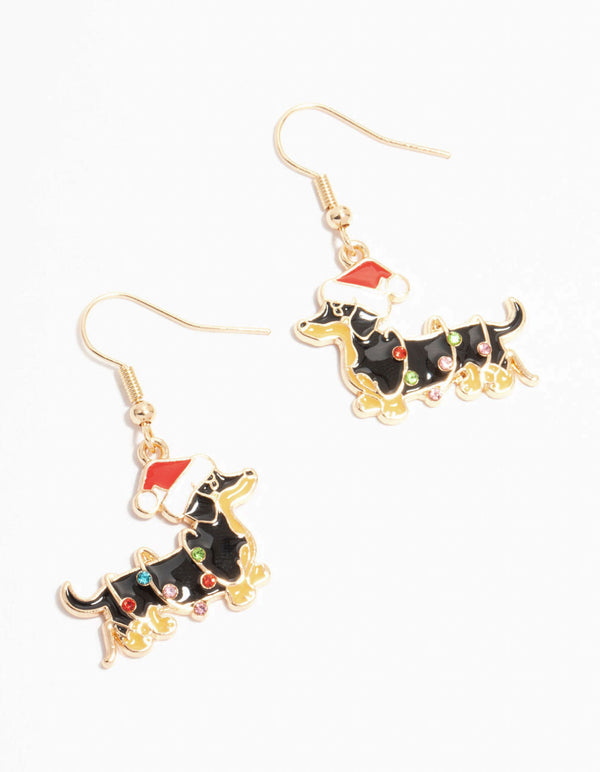 Gold Dachshund Dog With A Santa Hat Drop Earrings