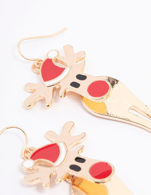 Gold Red-Nosed Reindeer Drop Earrings