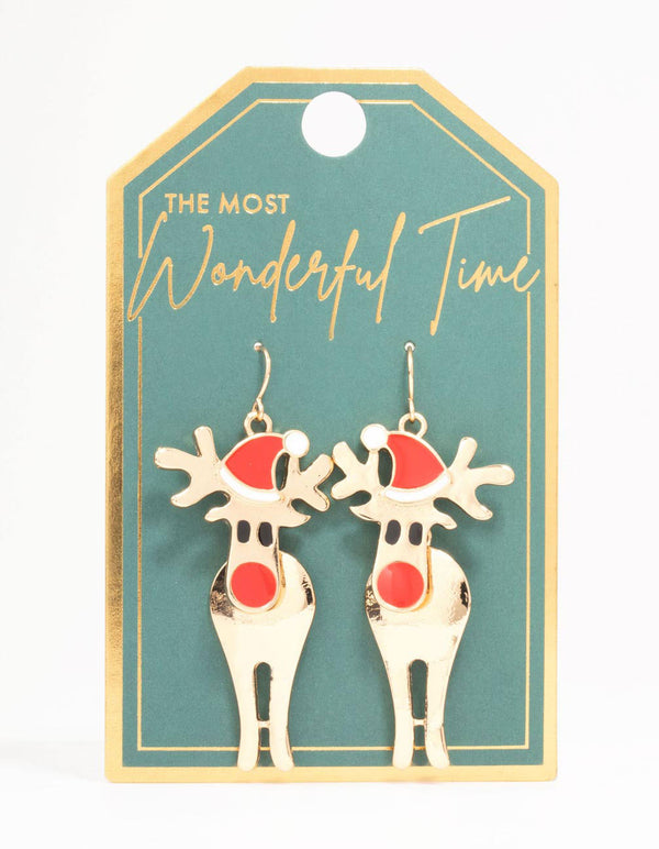 Gold Red-Nosed Reindeer Drop Earrings