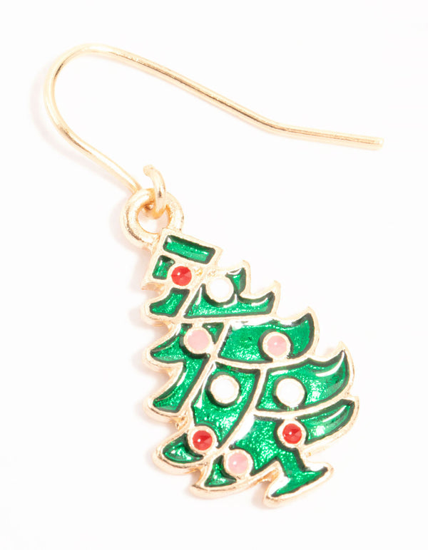 Green Enamel Tree Drop Earrings