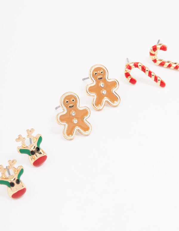 Reindeer, Candy Cane & Gingerbread Man Gold Stud Earrings 3-Pack