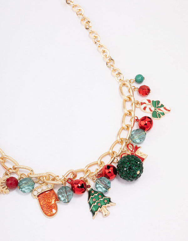 Gold Tree, Bells & Beads Festive Charm Necklace