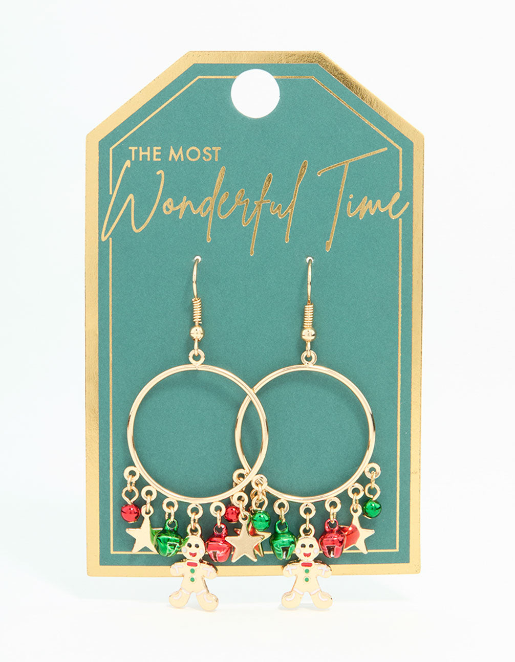 Gold Gingerbread Man & Bells Hoop Drop Earrings