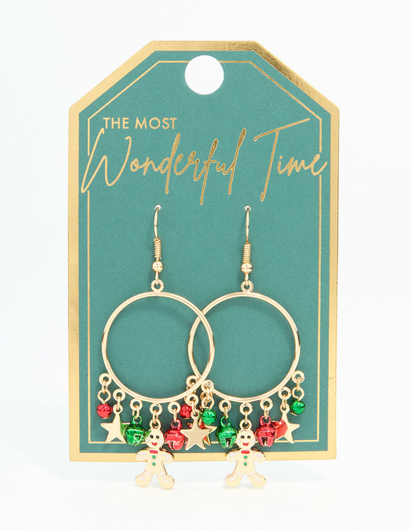 Gold Gingerbread Man & Bells Hoop Drop Earrings