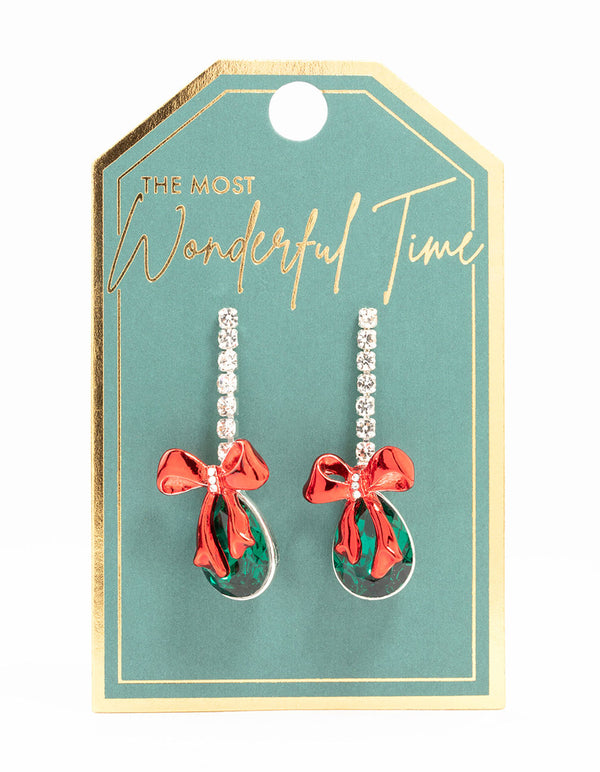 Green Diamante & Red Bow Silver Drop Earrings
